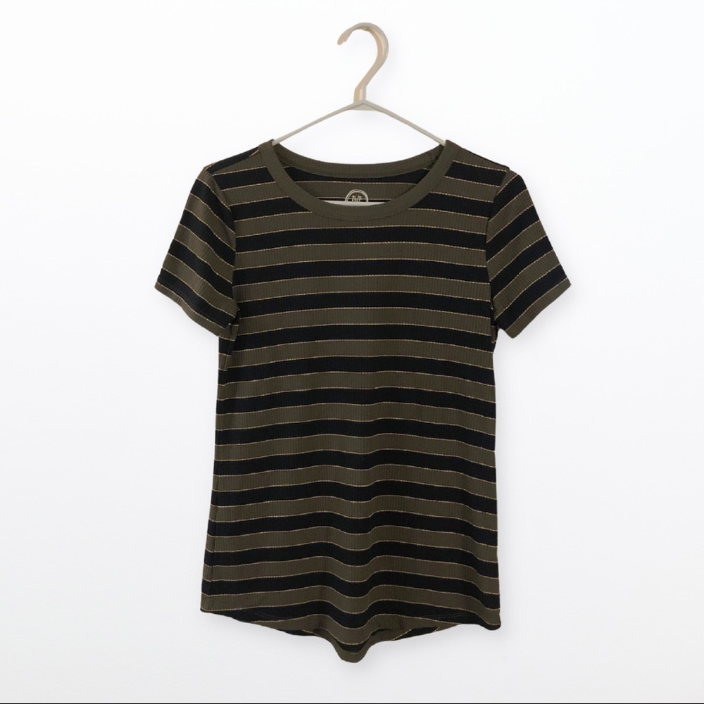 Maurices Army Green Gold Black Striped Ribbed Short Sleeve T-Shirt Top